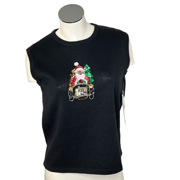 NWT TERAZZO Black Sleeveless Knit Sequins Santa Sweater Vest Women's Size S - Picture 1 of 14